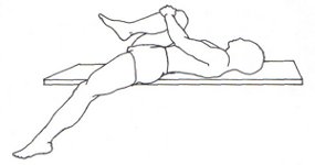 Figure 5 - Iliopsoas stretch left leg. Keep the small of the back flat against the supporting surface (stabilize the pelvis)